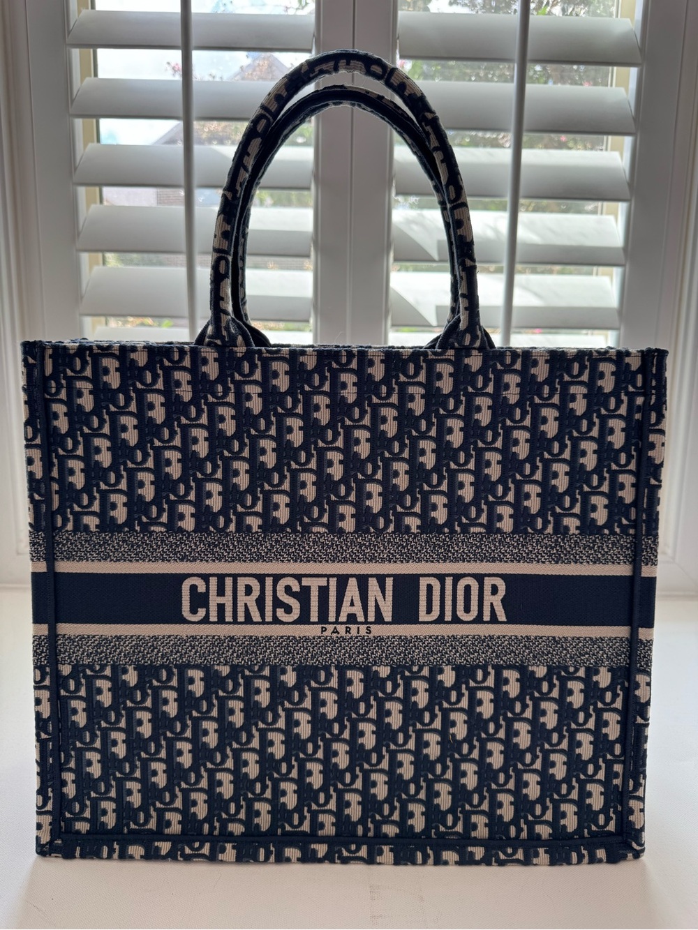 LUXE Large Book Tote Navy Blue Oblique Embroidered Canvas